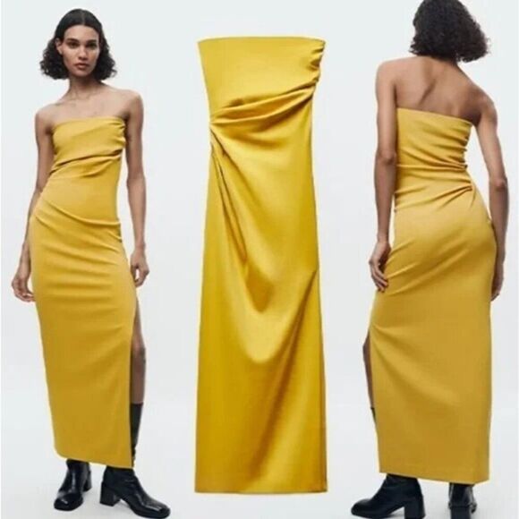 Zara Womens Maxi Dress S Yellow Strapless Draped SideZW collection 9173/488 NWT - Picture 1 of 12